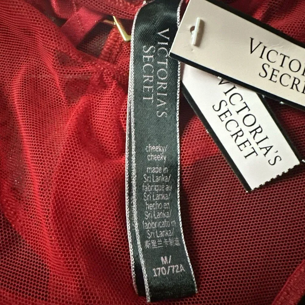 Victorias Secret Red Lace Sheer Mesh Cheeky Panty Gold Heart Charm Sz Medium NWT